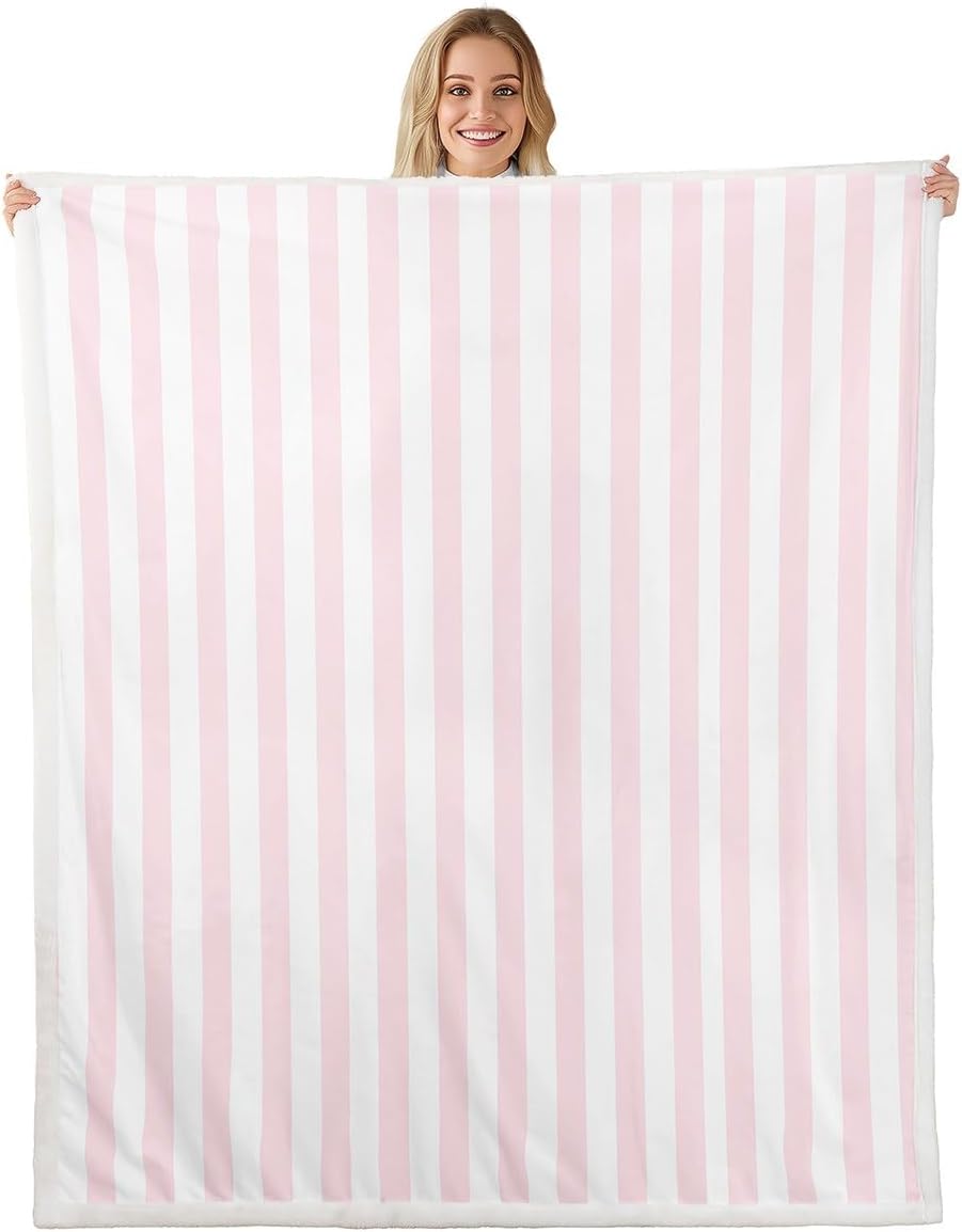 Feelyou White Pink Striped Throw Blanket Striped Soft Fleece Sherpa Cozy Fuzzy Plush Warm Geometric Fuzzy Plush Throw Basic Simple Throw 50"x60" for Bed Couch Living Room