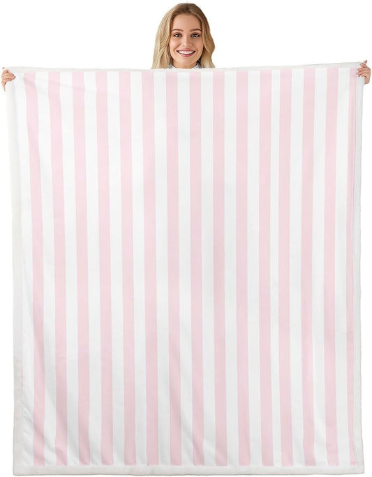 Feelyou White Pink Striped Throw Blanket Striped Soft Fleece Sherpa Cozy Fuzzy Plush Warm Geometric Fuzzy Plush Throw Basic Simple Throw 50"x60" for Bed Couch Living Room
