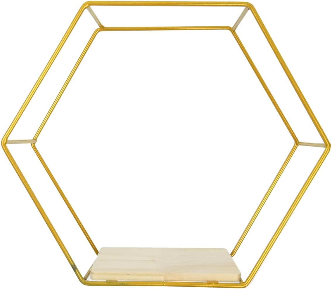 3 Pieces Hexagon Floating Shelves, Hexagon Wall Shelves, Gold Metal Wall Shelves with Wooden Panels – Modern Wall Decor for Bedroom, Living Room & Office Storage (Gold)