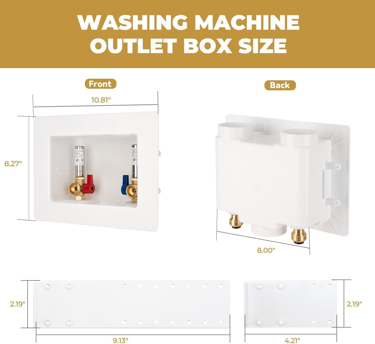 Premium Washing Machine Outlet Box, with Stainless Steel Water Hammer Arrestor, 1/2" Push-Fit x 3/4" MHT, Laundry Washer Valve Outlet Box with Clear Text Instructions