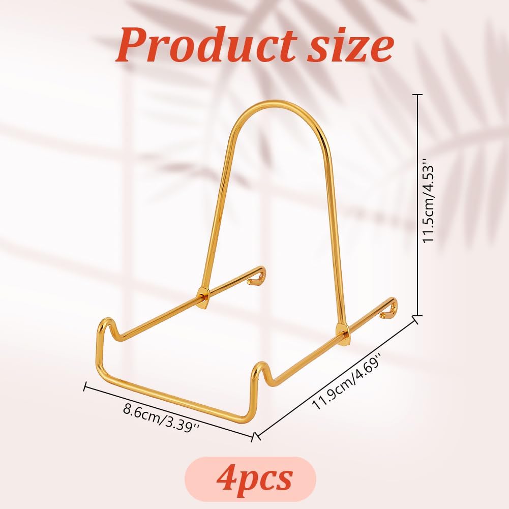 4 Packs Iron Display Stand Ornaments Display Dish Holder Bowl Deep Platter Rack Decorative Plates Easel Tabletop Showcase Stands Gold Iron Easels for Display Pictures, Book