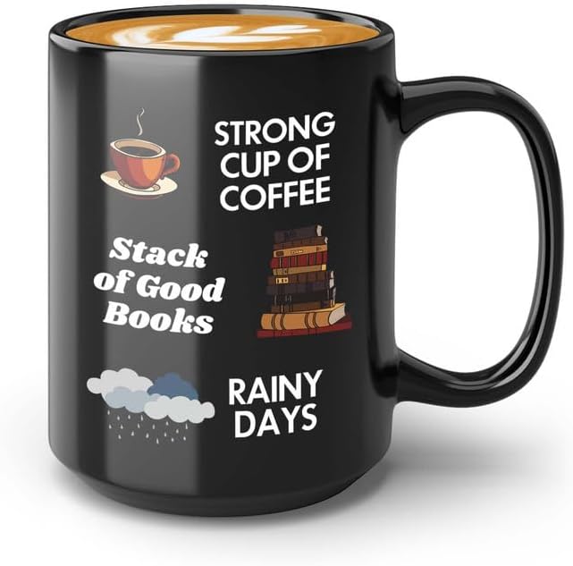 Reading Coffee Mug 15oz Black - Coffee Book Rainy Days - Reader Gift Bookworm Owl Lover Cat Lover Book Lover Novelist Librarian Writer