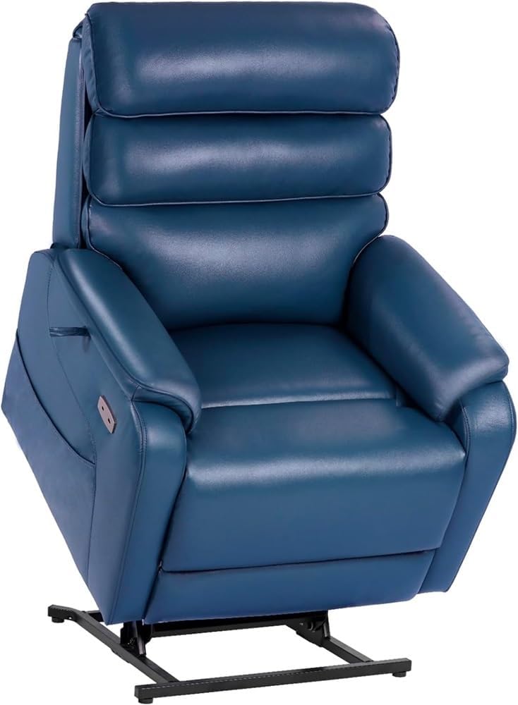 Heavy Duty Power Lift Recliner with Heat and Massage Blue Oversized Electric Reclining Chair for Adults Lay Flat Function Leather Living Room Sofa Furniture Charging Ports