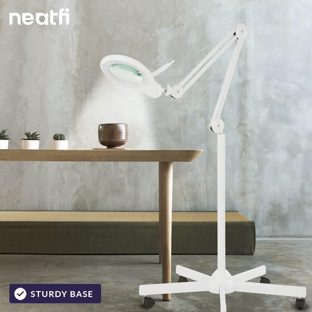 Neatfi LED Magnifying Floor Lamp 1,200 Lumens – 5” Bifocal Glass Lens, Dual Magnification 2.25X + 6X, Dimmable Task Light | Adjustable Arm, Rolling Base | Reading, Crafting & Sewing (White, 5 Inches)
