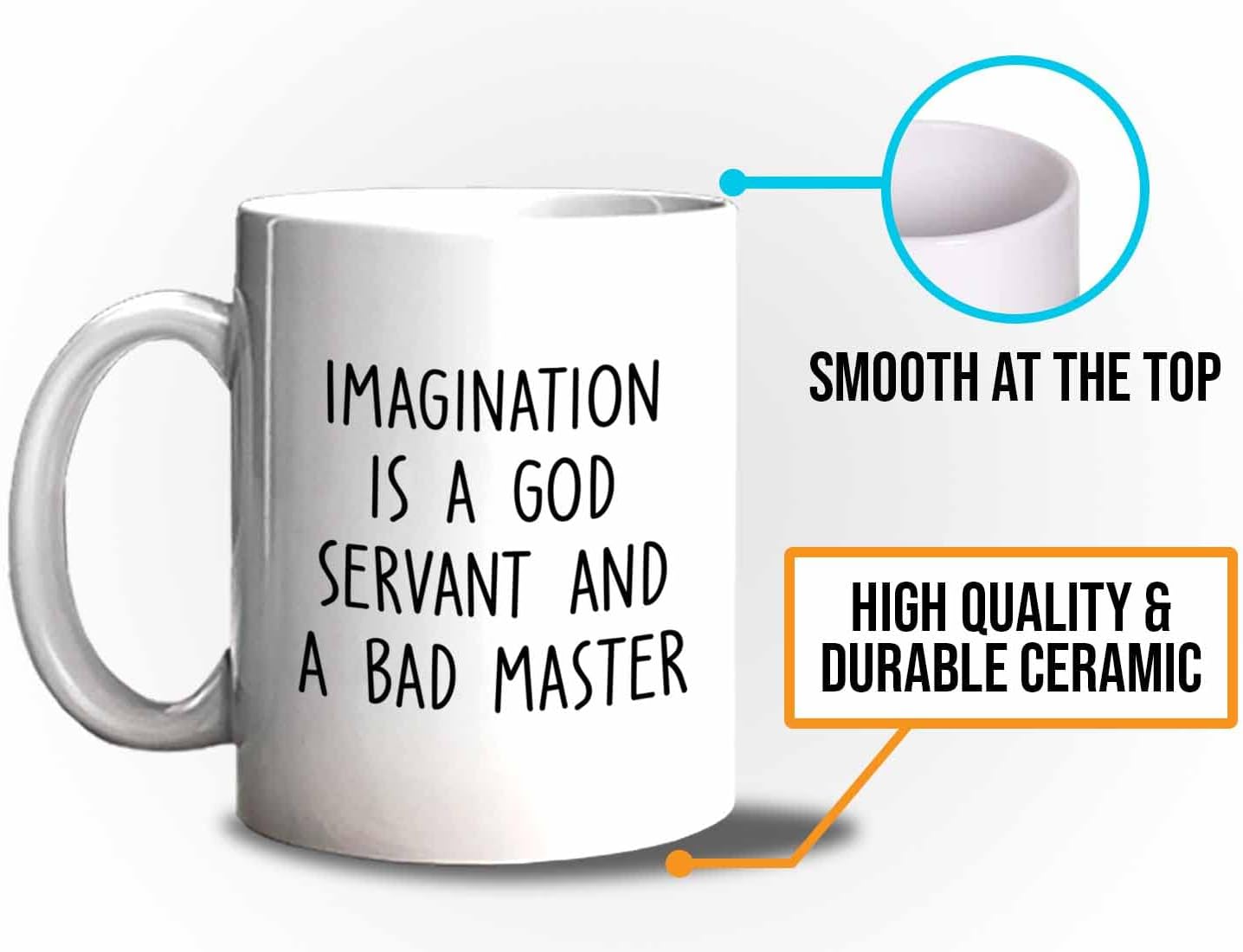 Bubble Hugs Writer Coffee Mug 11oz White - Imagination is a god servant and a bad master - Reading Book Lover for Bookworm Bibliophile Librarians Author Readers Bookish