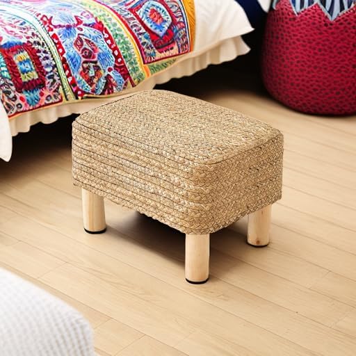 Ottoman Foot Stool Rectangular Footrest Natural Seagrass Footstool with Wooden Legs Hand Weave Multifunctional Modern Dressing Stool, Sofa Side Table for Bedroom for Living Room (Nature)