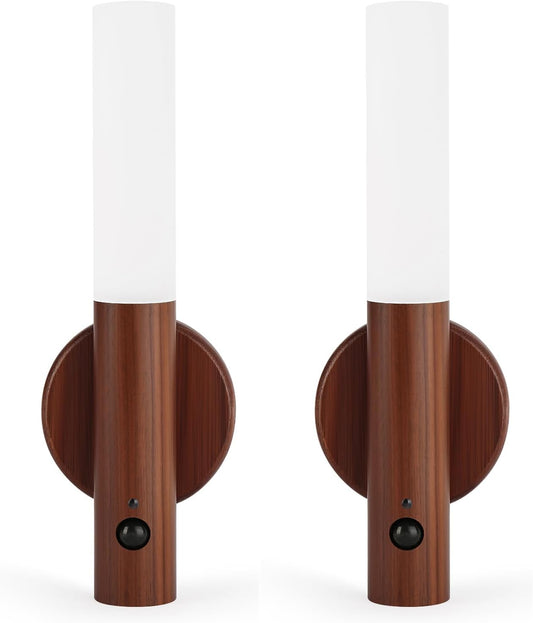 LANDGOO LED Motion Sensor Lights, Set of 2 Battery Operated Stick on Wall Sconces, Rechargeable Lighting for Hallway Stairway, Magnetic 360° Rotation for Indoor Lamps (Black Walnut Wood 2PCS)