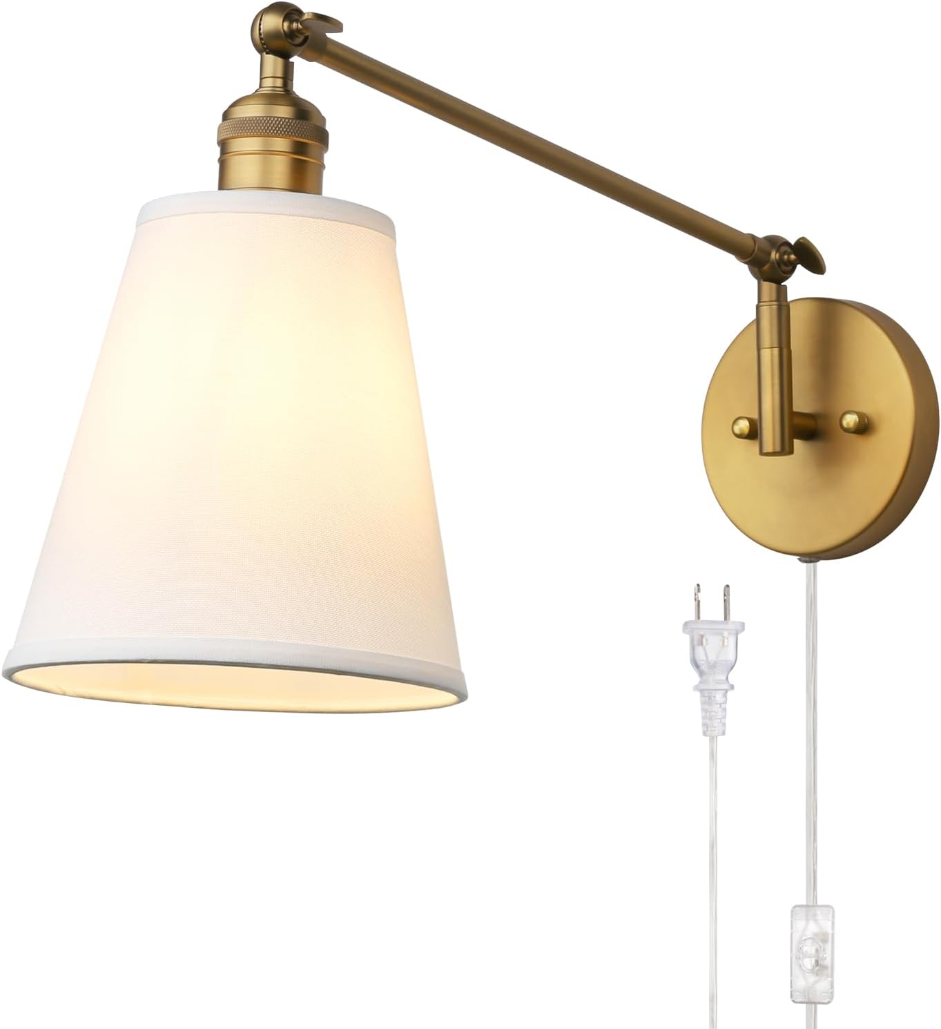 PERMO Retro Swing Arm Wall Sconce Plug in Wall Lamp Single Sconce Light Fixture with White Fabric Shade for Bedroom Living Room Home Office