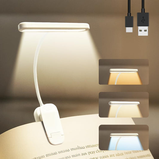 Rechargeable Book Lights for Reading at Night 25 LED - Eye Caring 15 Level Stepless Dimming, Extended 60Hrs Runtime, Lightweight Clip on Light, Gifts for Book Lovers, White