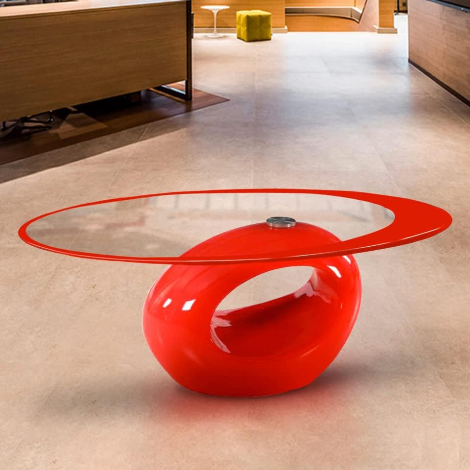 Fab Glass and Mirror Stylish Oval Shape Coffee Table, Red