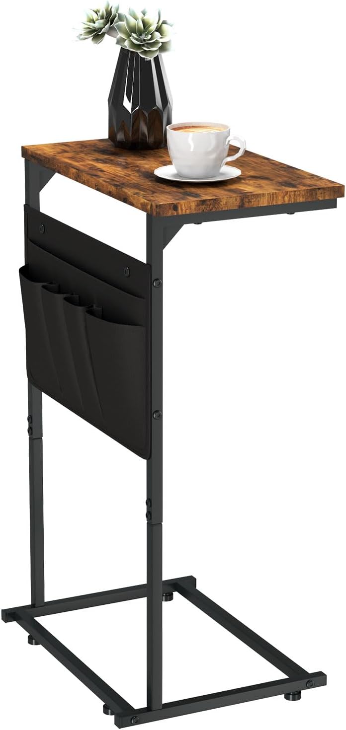 C Shaped End Table, Small Side Table with Storage Bag for Couch, Sofa Table with Metal Frame for Living Room and Bedroom Bedside, Rustic Brown ZER-007Br