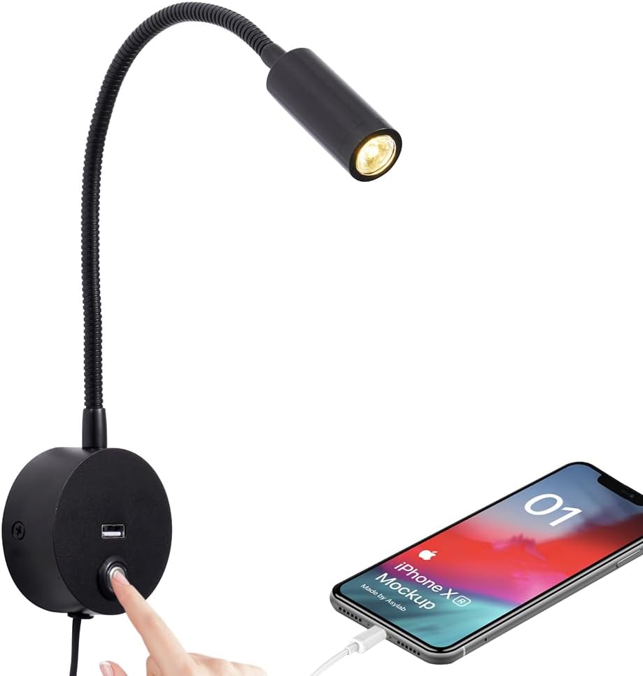 Dimmable Wall Mounted Reading Light with USB Charging Port, Plug-in LED Headboard Reading Light, Bedside Spot Wall Lamps with Flexible Gooseneck, Black Finished