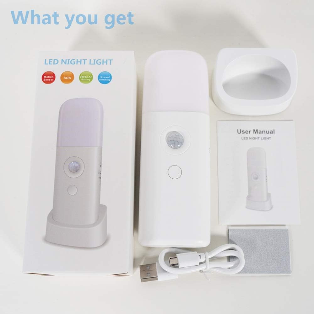 Motion Sensor Night Light, Dimmable Night Lights with 5 Brightness Levels, 2000mAh Rechargeable Battery Operated Light, Portable Motion Sensor Light for Kids Room, Bedroom, Hallway