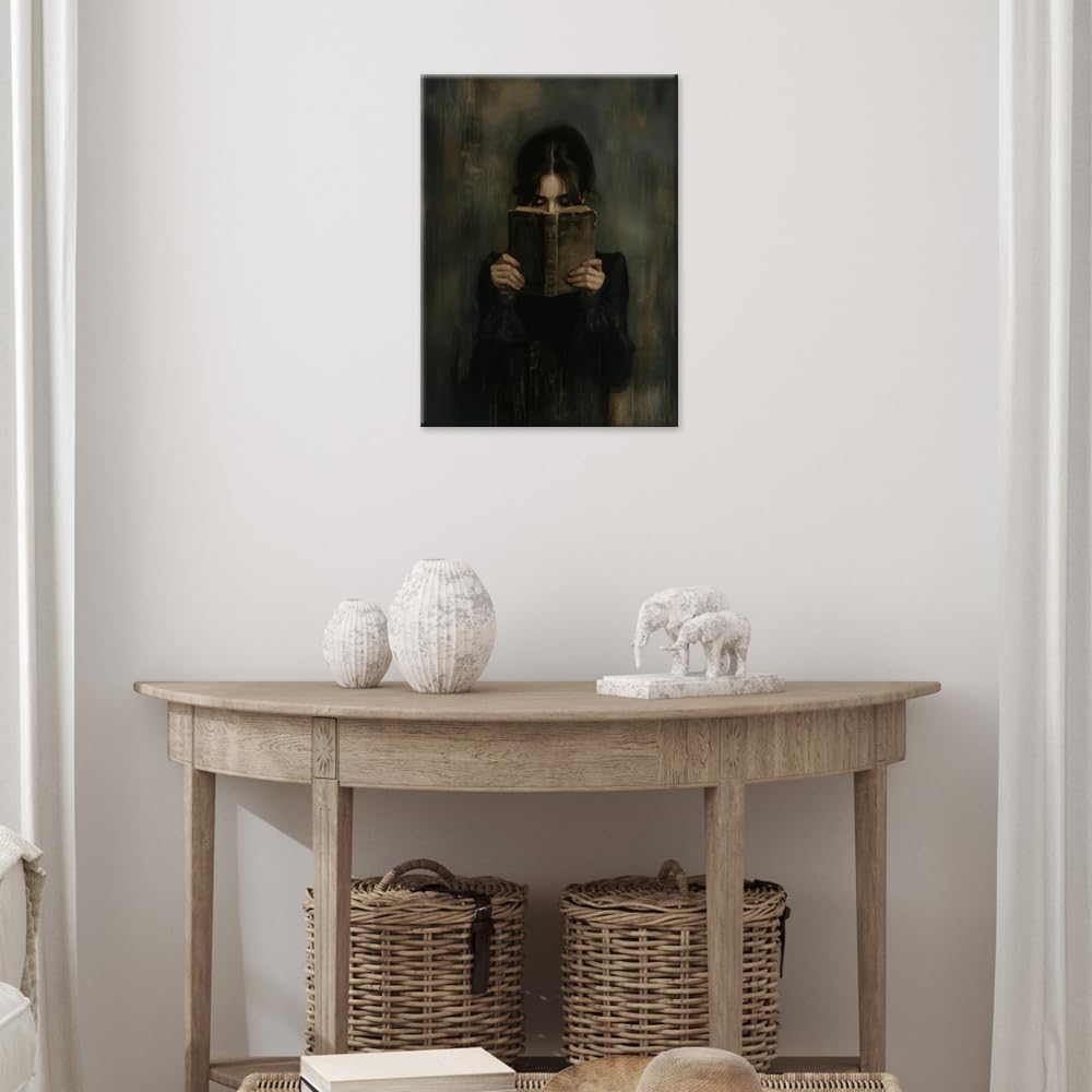 vintage Victorian Woman Reading Book Poster Print wall art Dark Academia Aesthetic Moody reading Wall Decor for Library book nook decor 08x10in Wrapped Canvas