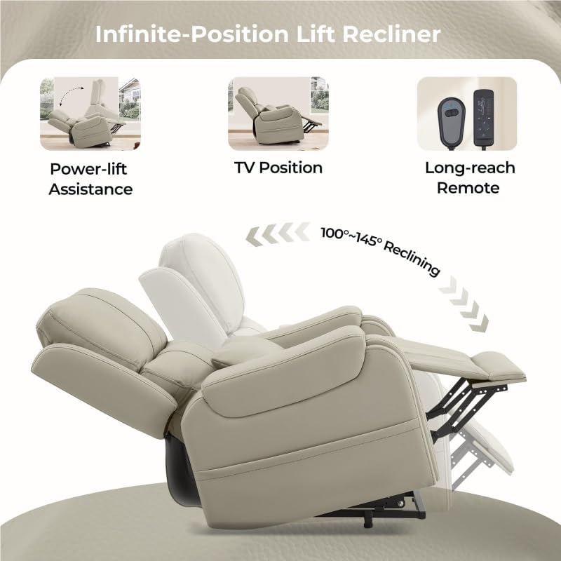 Power Lifting Recliner Chair with Heat and Massage Genuine Leather Electric Lift Chairs Cup Holder Removable Lumbar Pillow for Living Room Bedroom