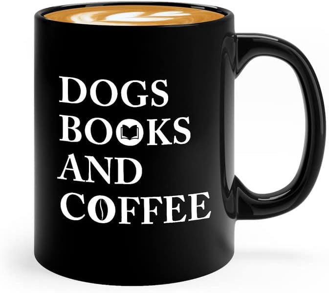 Book Lovers Coffee Mug 11oz Black - Dog Books And Coffee - Animal Lovers Caffeine Addict Reader Literature Cihuahua Husky Poodle Pug Pet
