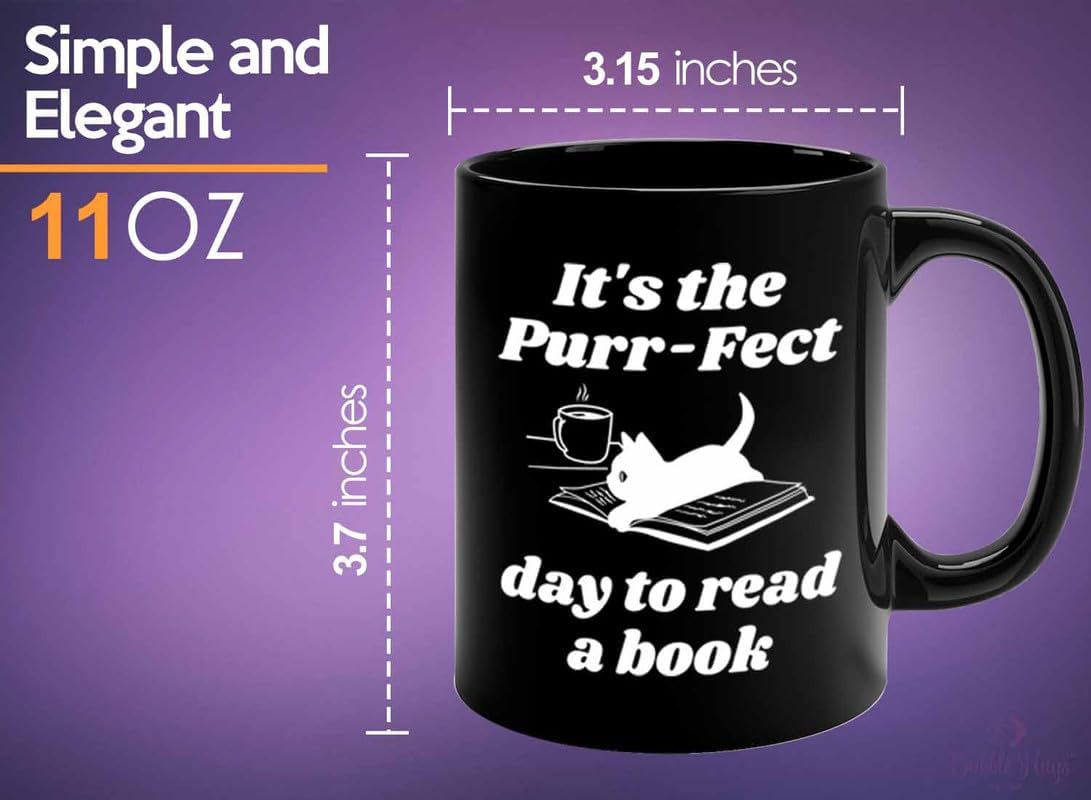 Reading Coffee Mug 11oz Black - Purr-fect Day Read a Book - Reader Gift Bookworm Owl Lover Cat Lover Book Lover Novelist Librarian Writer