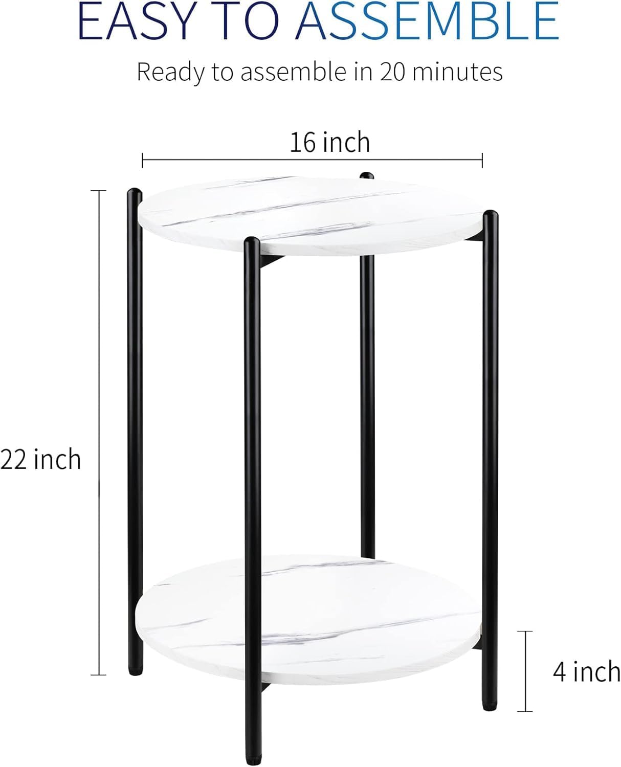 Faux Marble End Table White Black Side Table Marble Nightstand for Living Room or Bedroom Modern Accent Table with Black Metal Frame (1 pcs Black, Round)