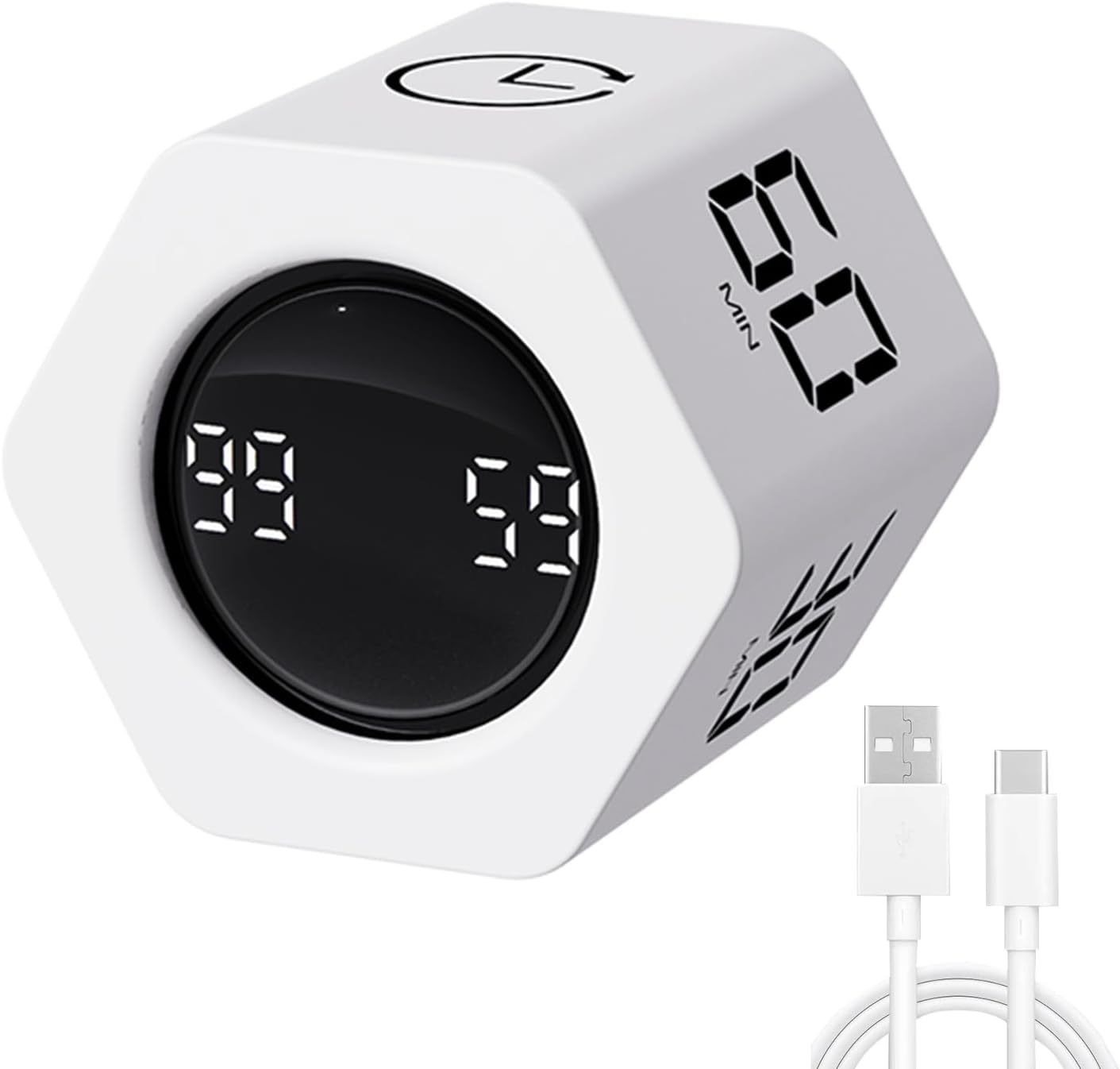 Productivity Timer Flip Gravity Sensor Pomodoro Cube Timer Countdown & Countup,1/5/10/30/60min Preset & Custom Timing, Mute/Vibrate/Sound for ADHD,Work,Study,Kitchen(1, White Hexagon)