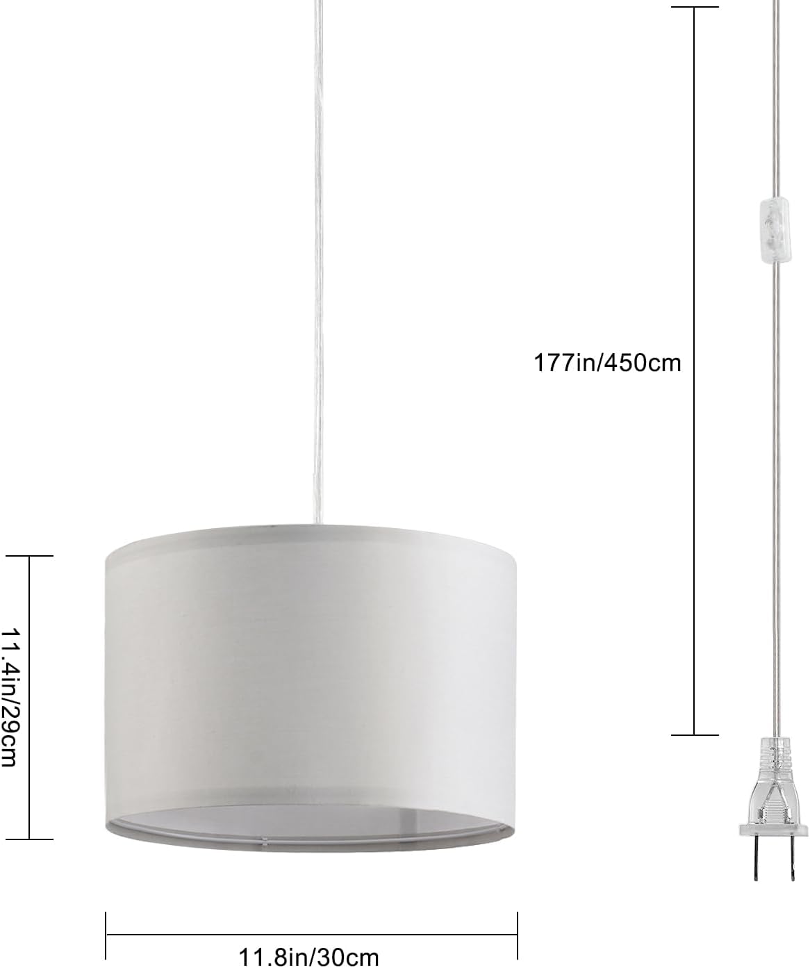 2 Pack Plug in Pendant Light, Hanging Light with 15Ft Clear Cord, On/Off Switch, French Grey Fabric Lamp Shade, Hanging Light Fixture for Bedroom, Kitchen, Living Room, Dining Table