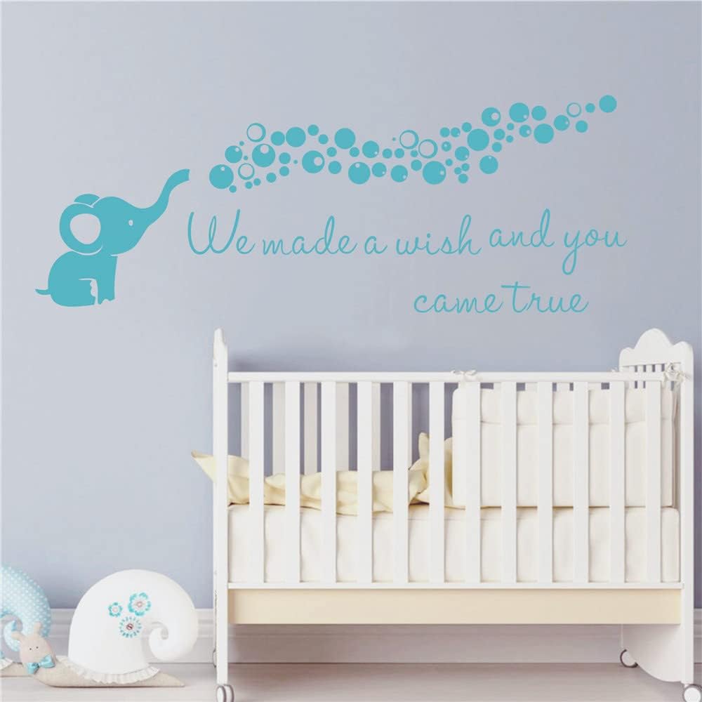 Home Nursery Room Wall Decor Sticker Baby Elephant Blowing Bubble Wall Sticker Vinyl Wall Decal Quotes We Made a Wish and You Came True Kids Bedroom Wall Mural AFN100 (Teal Green)