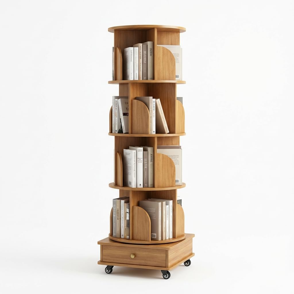 5-Tier 360° Rotating Bookshelf with Lockable Wheels & Drawer, Space-Saving Corner Unit, Holds 50 Books/Tier & Adjustable Height, Natural Wood MDF Storage for Bedroom, Office, Living Room
