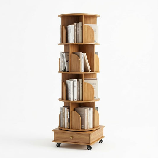 5-Tier 360° Rotating Bookshelf with Lockable Wheels & Drawer, Space-Saving Corner Unit, Holds 50 Books/Tier & Adjustable Height, Natural Wood MDF Storage for Bedroom, Office, Living Room
