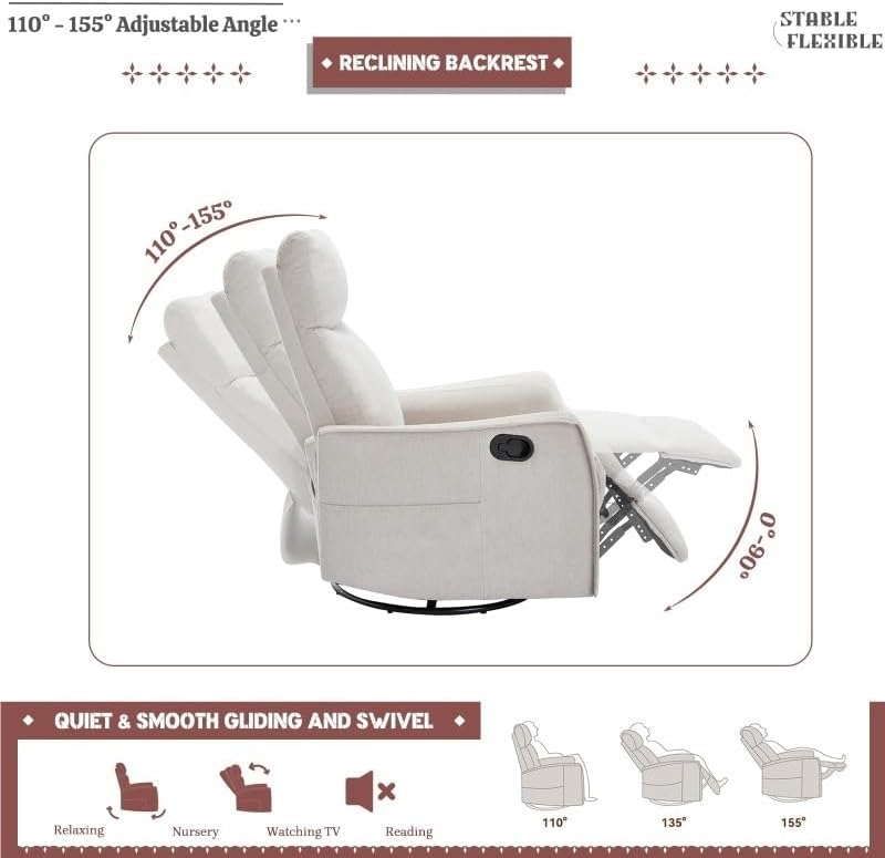 Rocking Recliner Chair with Heat and Massage Modern 360 Swivel Glider Chairs Reclining Backrest and Footrest for Adults Bedroom Living Room Office
