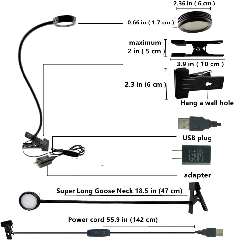 2-Pack 3W USB Clamp Desk Lamp - 3 Color Temperatures (3000K-4500K-6000K), 10-Level Dimmable, 48cm 360 Degree Gooseneck with C-Clip for Sewing Machine, Office, Bedroom