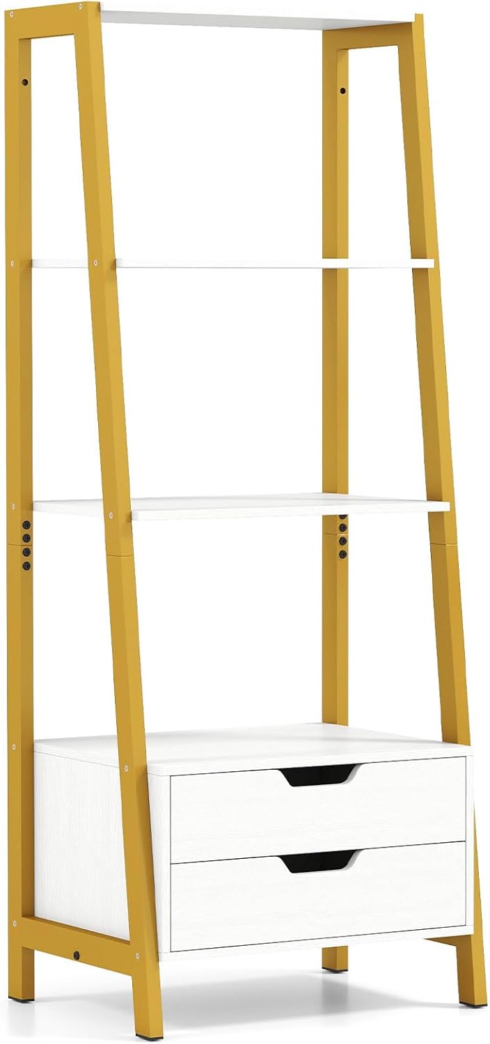 HOMGX 52.5” Tall Ladder Shelf, Industrial Freestanding Bookshelf with 2 Drawers, Heavy-Duty Metal Storage Shelving Unit for Living Room, Bedroom, Office, Study (White & Gold)