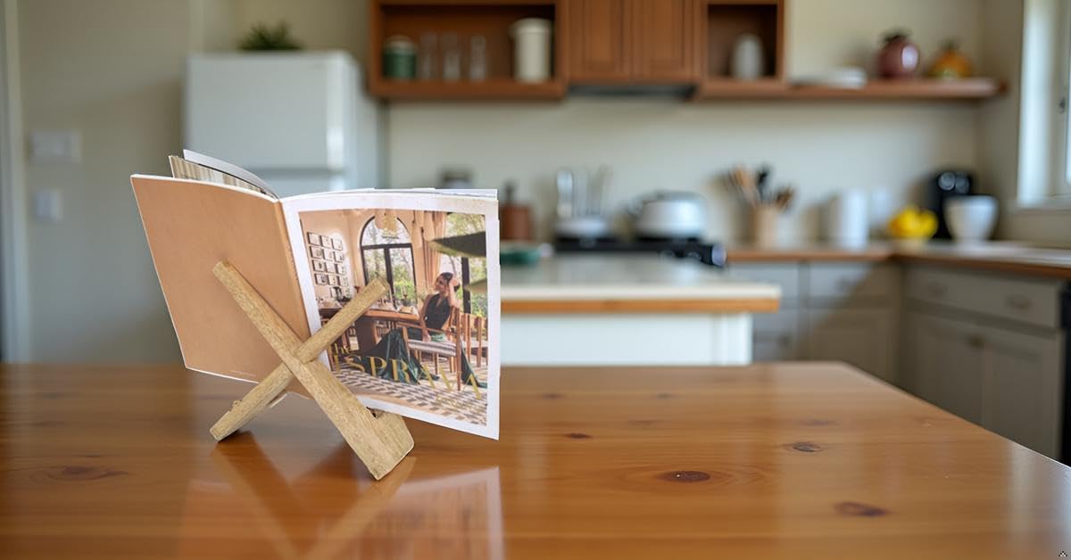 Decorative Wooden Cookbook Display Stand Recipe Book Holder For Kitchen Countertop & iPad Tablet - Handmade Country Rustic Farmhouse Style Decor For Hands Free Reading, Foldable, Brown, Gift For Chefs