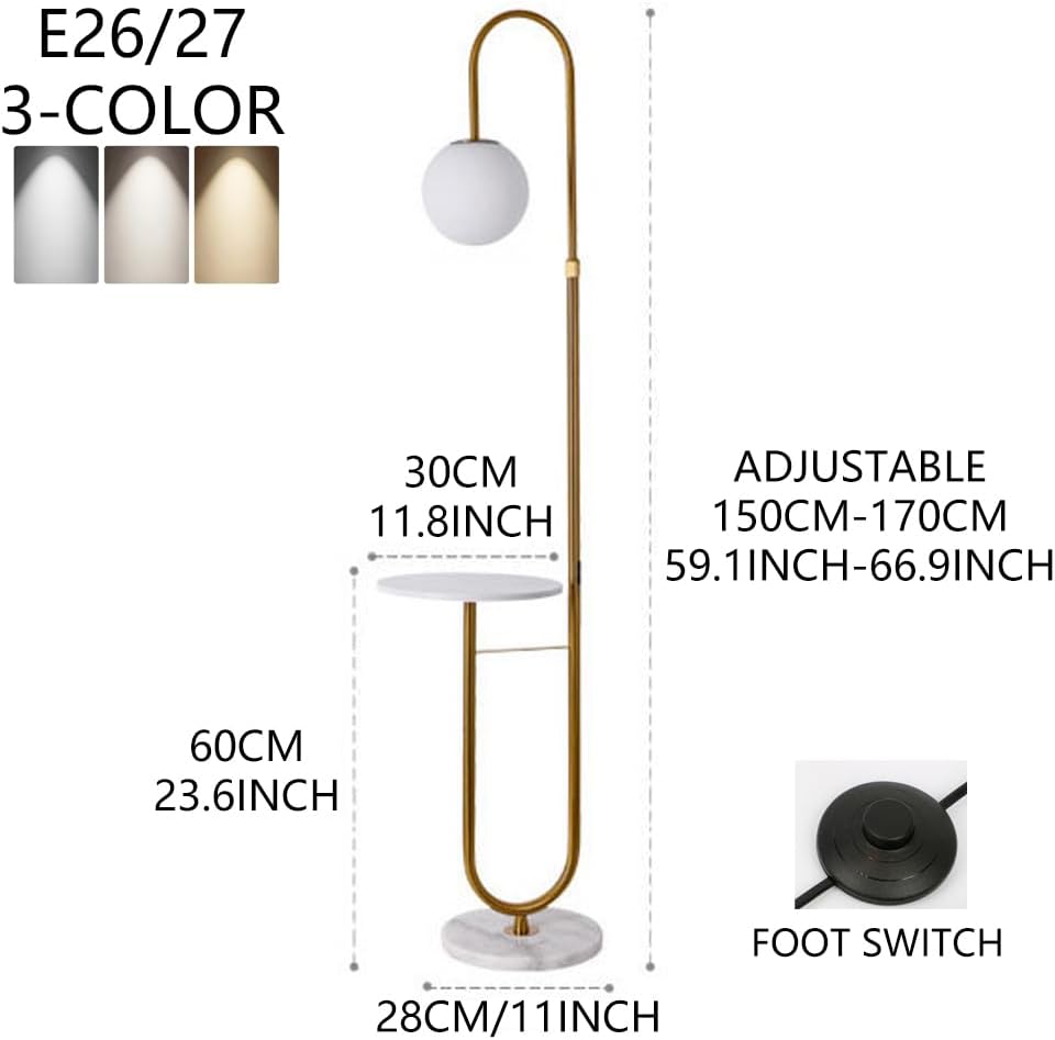 Nordic Height Adjustable Arc Tall Lamp Glass Ball Floor Lamp Marble Base Floor Light with Desktop E26 Three Color Light Dimmer Fixture for Living Room Bedroom Tea Room