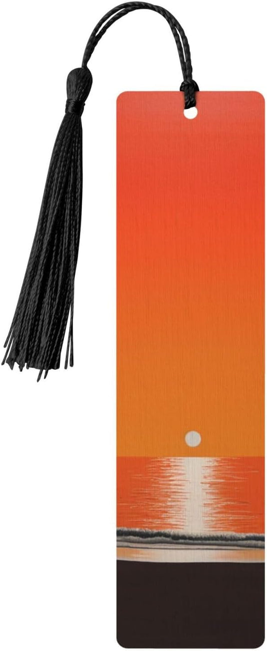 Sunset Over Water Bookmarks Gifts for Women Men, Wooden Bookmarks for Book Lovers, Vintage Book Marks Ornaments with Tassel, Unique Personalized Reading Page Markers Black
