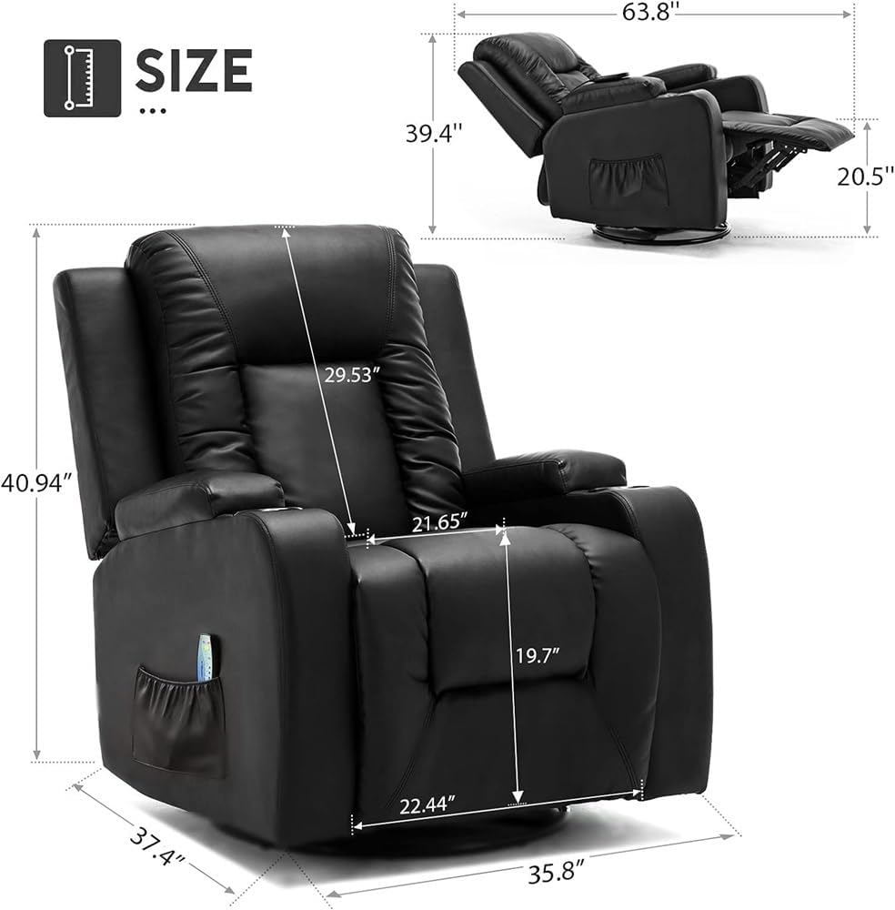 Leather Power Recliner Chair with Heat and Massage, 360° Swivel Rocker Recliner with Cup Holders, Comfortable Reclining Chair for Home Theater Seating and Living Room