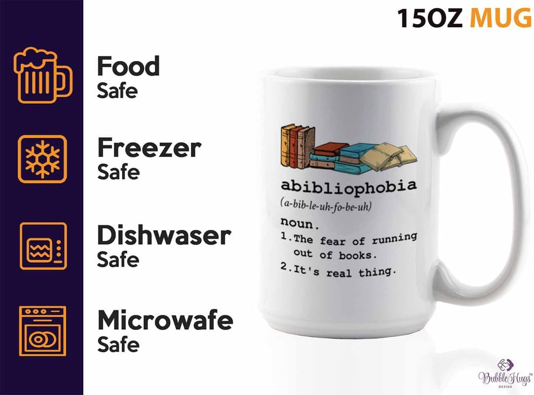 Reading Coffee Mug 15oz White - Abibliophobia Definition - Reader Gift Bookworm Owl Lover Cat Lover Book Lover Novelist Librarian Writer