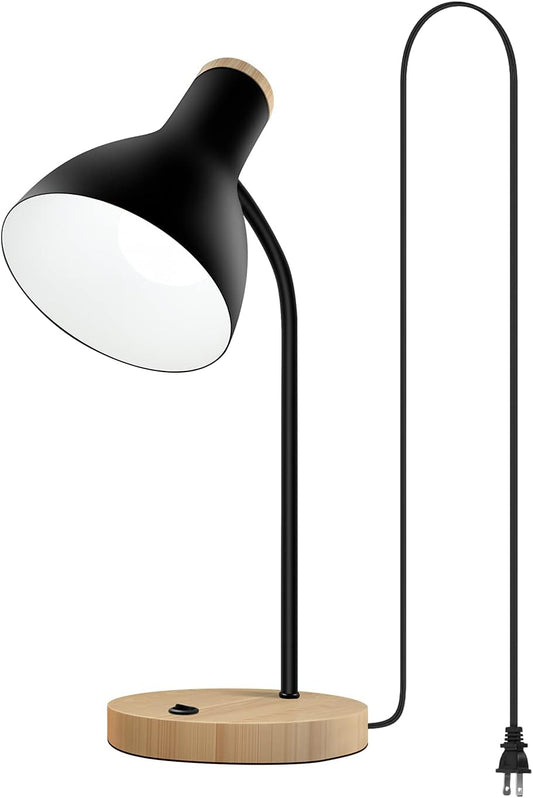 Metal Desk Lamp Table Lamp Reading Lights Arc Desk Lamps for Bedroom, Wood Base Bedside Lamp with Flexible Gooseneck for Study Room and Office (Wood Base+Black)