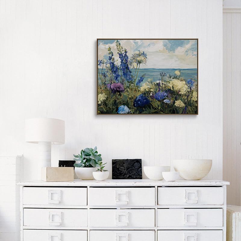 Floral Canvas Wall Art Blue Purple Flowers Ocean View Wall Decor Coastal Prints Nature Posters Abstract Painting Framed Artwork For Living Room And Bedroom And Office Space My Home Decor 16x24 Inches