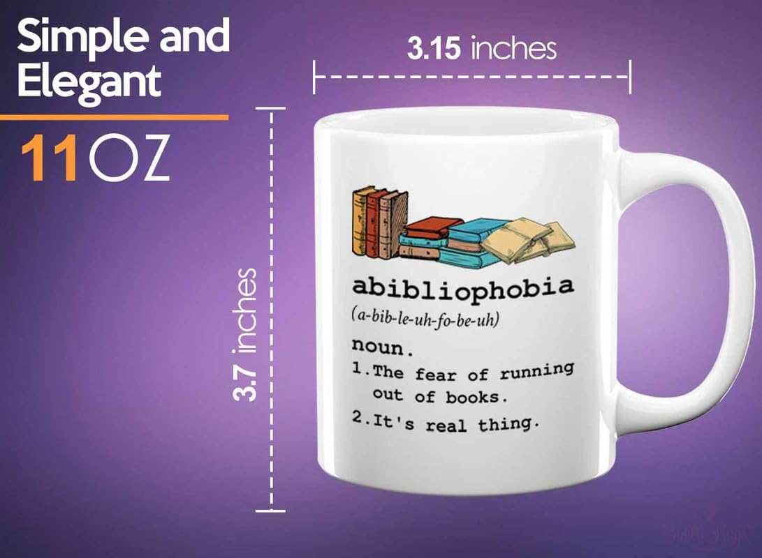 Reading Coffee Mug 11oz White - Abibliophobia Definition - Reader Gift Bookworm Owl Lover Cat Lover Book Lover Novelist Librarian Writer