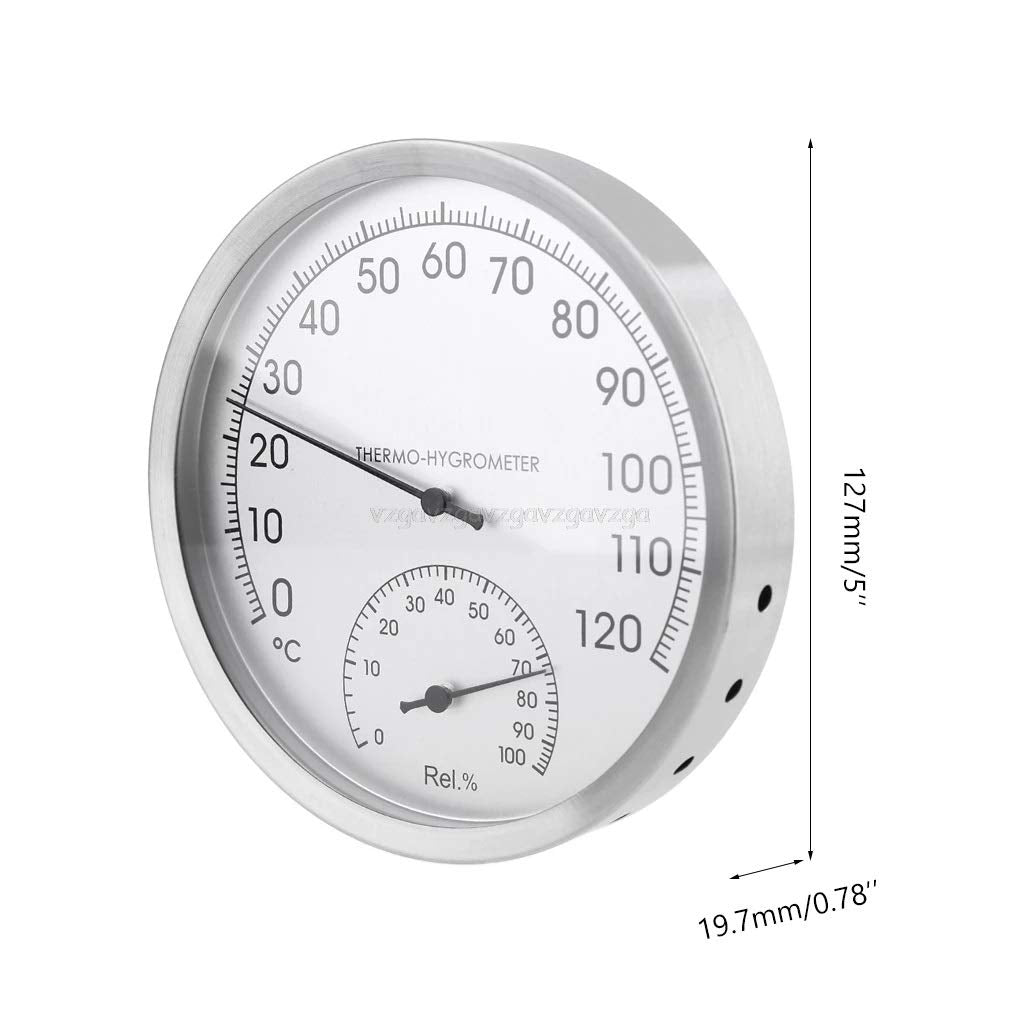 127mm 5" Thermometer Hygrometer Wall Hung Stainless Steel Indoor Outdoor Sauna Room Temperature Humidity Tester Monitor