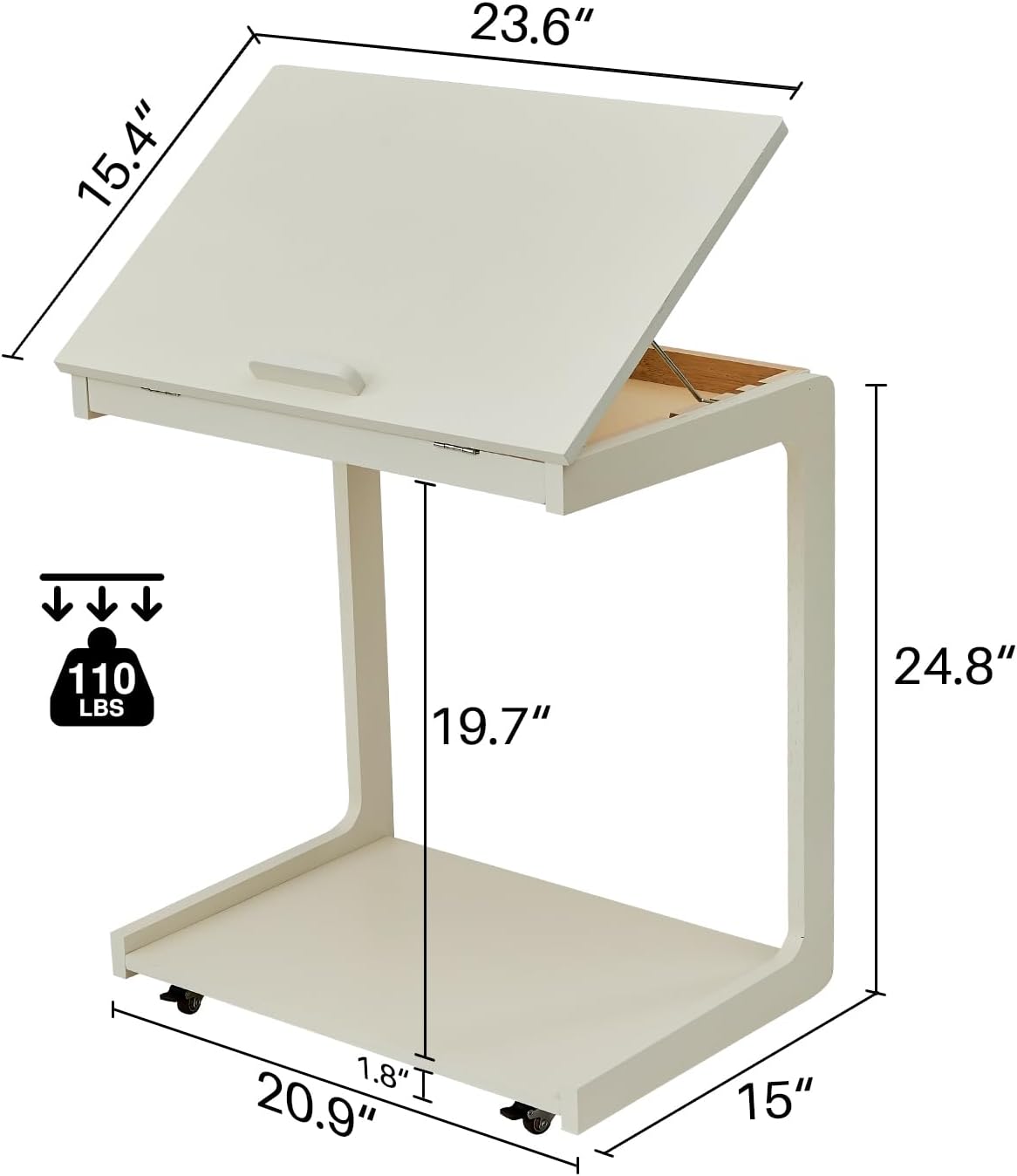C-Shaped End Table with Wheels - Rolling Side Table for Couch, Solid Wood Modern Adjustable Angles Tv Tray Sofa Tables for Living Room, Bedroom, Home Office, White, 15.4"D x 23.6"W x 24.8"H