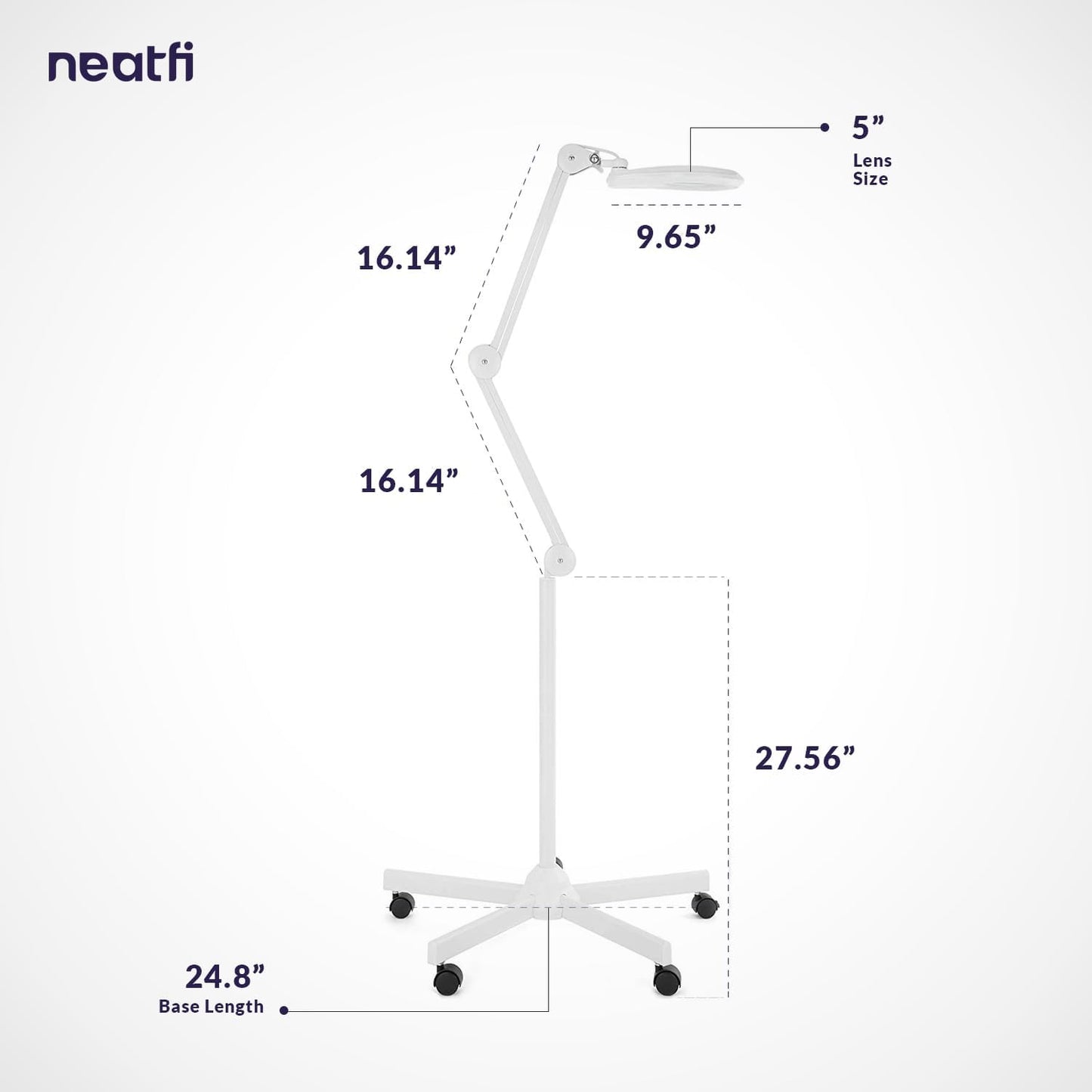 Neatfi LED Magnifying Floor Lamp 1,200 Lumens – 5” Bifocal Glass Lens, Dual Magnification 2.25X + 6X, Dimmable Task Light | Adjustable Arm, Rolling Base | Reading, Crafting & Sewing (White, 5 Inches)