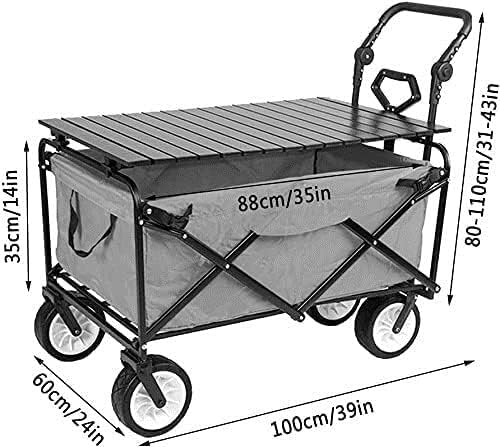 Outdoor Folding Utility Wagon Outdoor Folding Trolley with Telescopic Push Rod Utility Garden Cart with Tabletop Camping Trolley on Wheels Hand Cart Load-Bearing 100kg / 220lbs (Style 1)