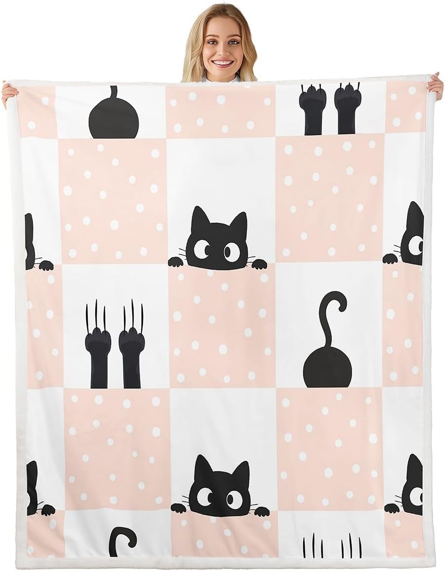Black Cute Cat Throw Blanket,Pink Geometric Grid Blankets for Kids Girls Boys Teens Room Decor Cartoon Pet Animals Fleece Blanket Soft Boho Dots Fuzzy Blanket,for Chair/Sofa,50"x60"