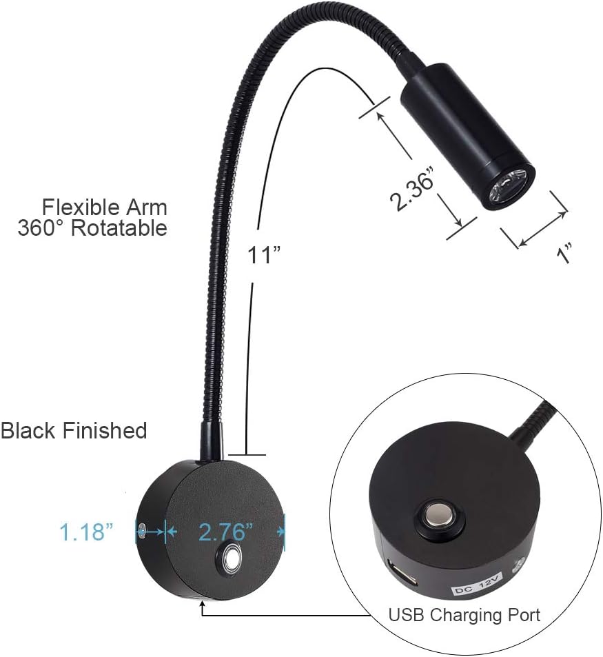 Dimmable RV Reading Light with USB Charging Port, DC 12V RV Interior Lights, Flexible LED Light Fixtures, Designed for Camper, Van, Boat and Motorhome (Black)