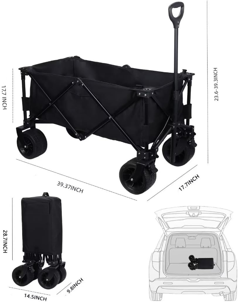 Collapsible Wagon Cart with Heavy Duty All Terrain Wheels,Foldable Garden Cart Utility Wagon with Adjustable Handle for Sports, Shopping, Camping,Black