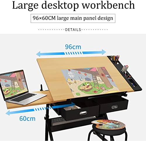 Drawing Tilting Tablet,Drafting Desk, Extra Large Wood Drafting Table, Artist Drawing Table with Height Adjustable and Tilting Large Surface Tabletop, Two Drawer for Readin