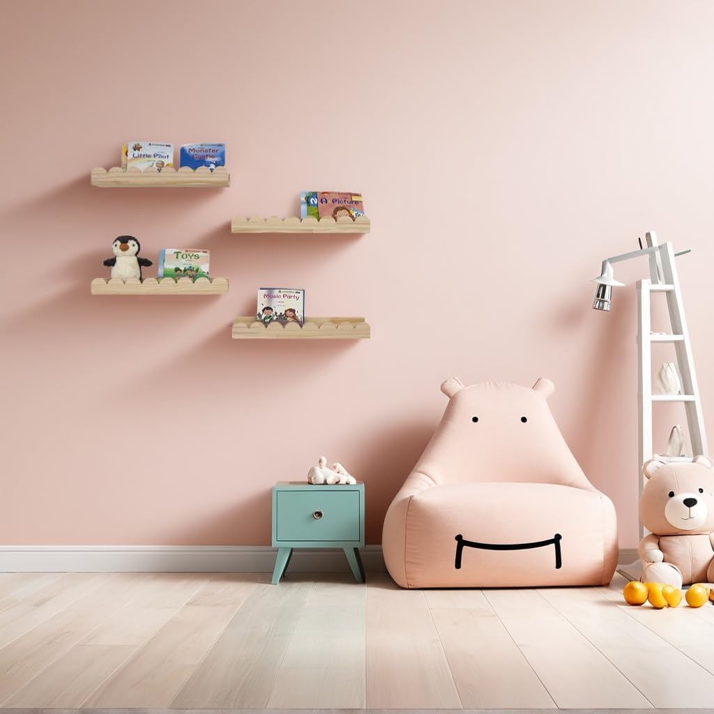Scalloped Shelves for Nursery - Wall Book Shelves for Bedroom Kids, Nursery Bookshelf for Wall Set of 4, Floating Book Shelves Solid Wood,16 Inch, Natural