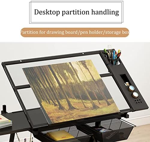 Drawing Tilting Tablet,Drafting Desk, Drafting Table for Artists, Height Adjustable Glass Writing Desk with Stool, Tiltable Drawing Table Craft/Art Desk, 2 Storage Drawer, P