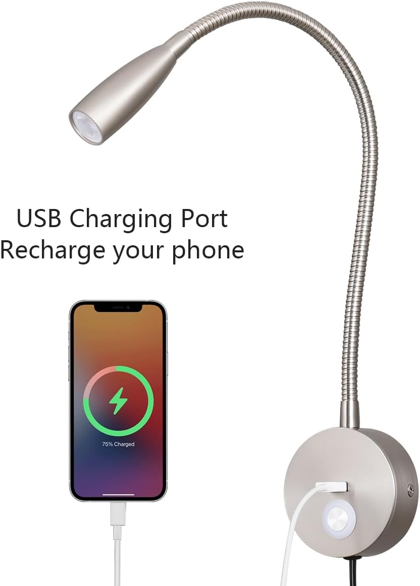 LED Bedside Touch Dimmable Wall Mounted Reading Light - Night Light With USB Flexible Gooseneck - Brushed Nickel