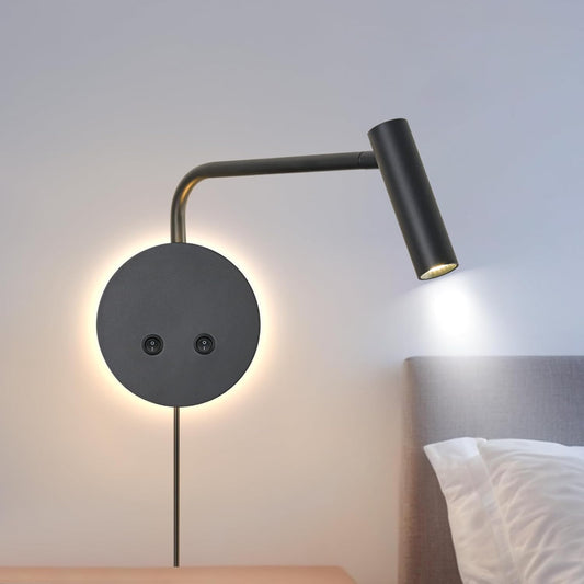 Matte Black Wall Mounted Reading Light, 4000K Flexible Headboard Reading Sconces with On Off Switch Control, Plug in/Hardwired Wall Light Fixtures with Night Light for Bedside Bedroom Bunk